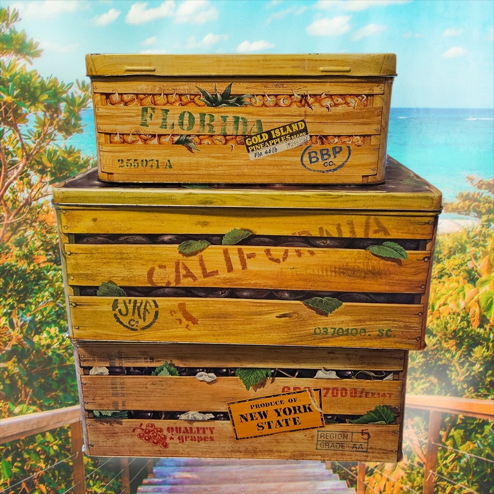 3 Pier 1 Tin Boxes The Silver Crane Company Empire State Grapes, Santa Rosa Plum